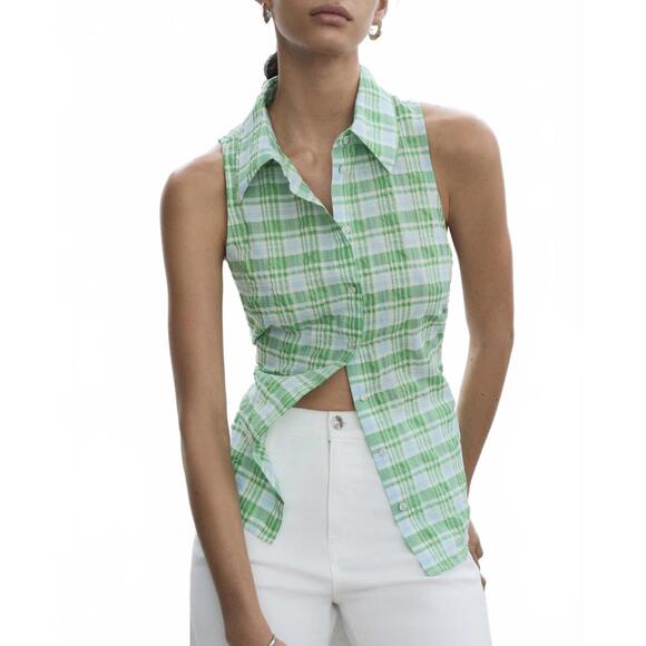 Mango Check Sleeveless Shirt Green Blue Size 8 / Large - Picture 1 of 8